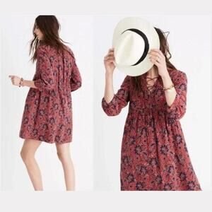 (M5) Madewell Women's Mini Dress Size S Peasant Boho Floral Silk Burgundy